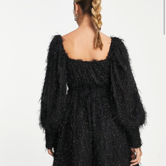 ASOS DESIGN fluffy mini dress with ruched bust and shirred cuffs in black - Picture 8 of 8